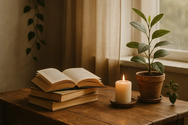 Ruhige Leseszene mit geöffnetem Buch, Kerze und Pflanze im warmen, natürlichen Licht als symbolisches Bild für Bücher und Ratgeber.