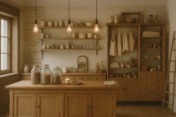 Helles, fotorealistisches Vintage-Shop-Ambiente mit Holzregalen, sanften Farbtönen und liebevoll arrangierten Produkten als Symbolbild für den Innerereise-Shop.