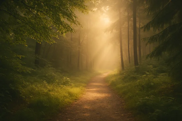 Waldweg im warmen Morgenlicht, der in eine helle Öffnung führt – symbolisches Bild für die Mission und Vision von Innere Reise.
