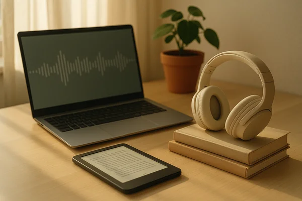 Heller, ruhiger Arbeitsplatz mit Laptop, Kopfhörern, E-Book-Reader und Zimmerpflanze als Symbolbild für Onlinekurse und Hörbücher.