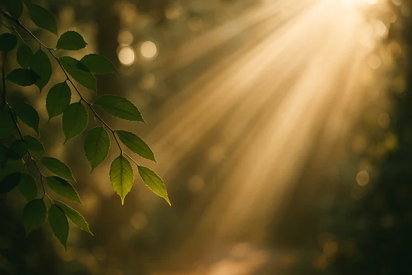 Sonnenstrahlen fallen golden durch Blätter in einem ruhigen Wald – symbolisches Bild für Bewusstsein und die Philosophie von Innere Reise.