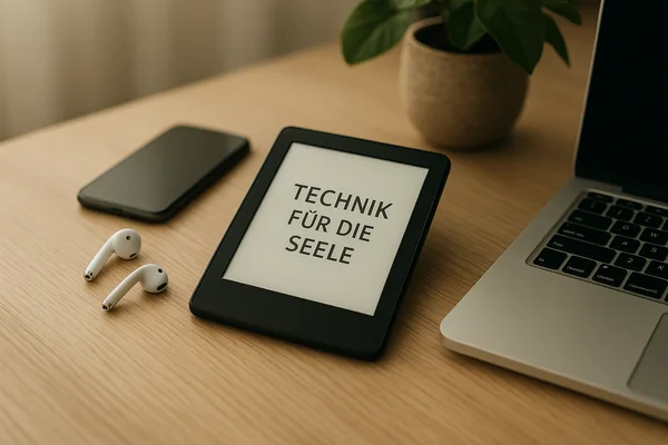 Ruhige technische Stillleben-Szene mit E-Book-Reader, Kopfhörern, Smartphone, Laptop und Zimmerpflanze – symbolisches Bild für Technik für die Seele